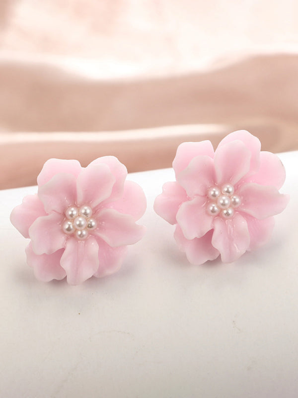 Simple and versatile exaggerated camellia three-dimensional white flower pearl earrings - Pink / F