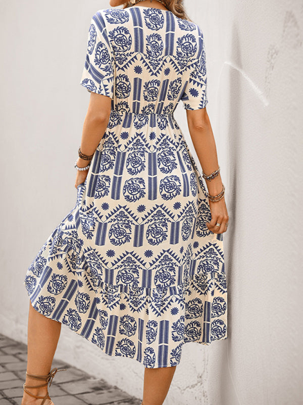 Blue and white patterned rayon fabric midi dress with ethnic body print for casual wear