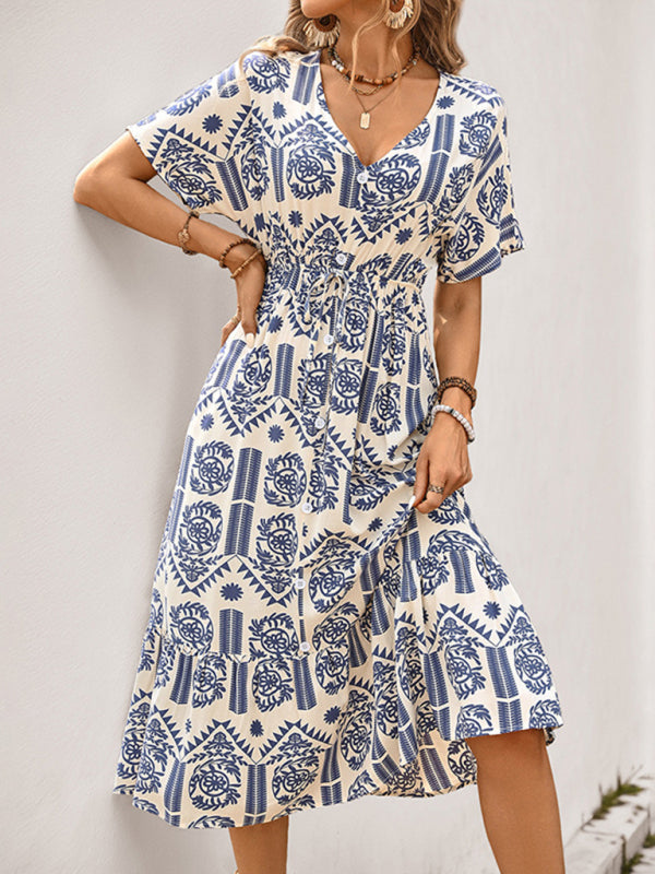 Blue and white patterned midi dress in rayon fabric with body print, casual ethnic style