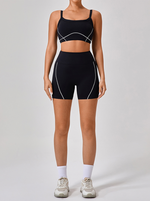 Skinny outdoor sports spaghetti strap contrast color suspender bra + shorts Yoga suit - Black / S