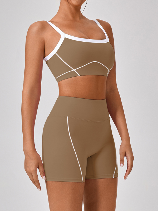Skinny outdoor sports spaghetti strap contrast color suspender bra + shorts Yoga suit - Khaki / S