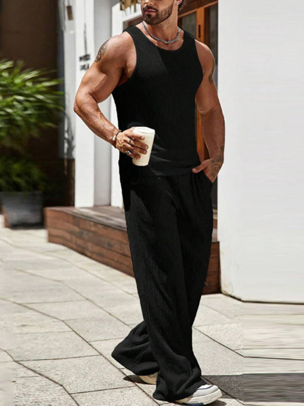 Sleeveless knitted vest and trousers two-piece solid color sports and leisure suit - Black / S