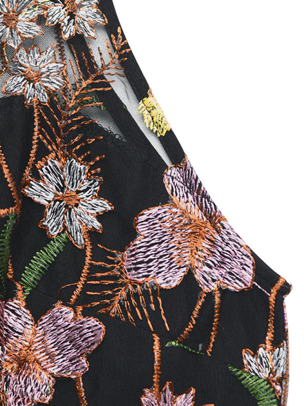 Sleeveless See-through Women’s Halter Neck Sleeveless Lace Embroidery Splicing Wide Leg Jumpsuit
