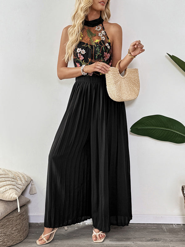Sleeveless See-through Women’s Halter Neck Sleeveless Lace Embroidery Splicing Wide Leg Jumpsuit