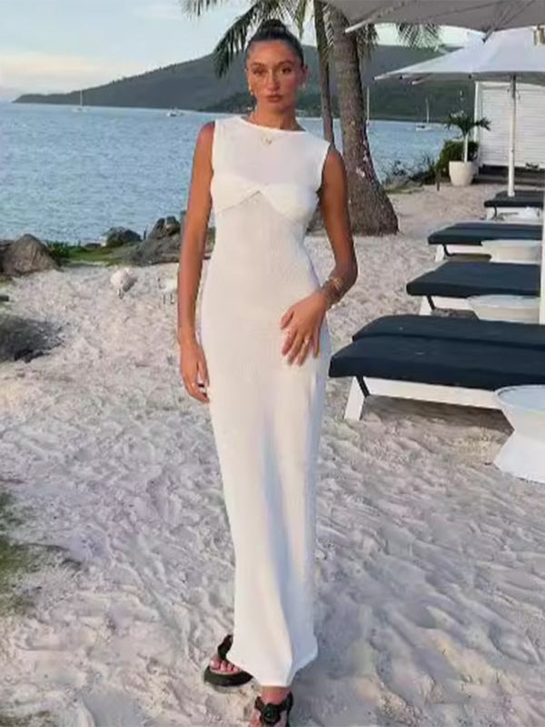 Sleeveless tight round neck knitted solid color beach long dress - White / S