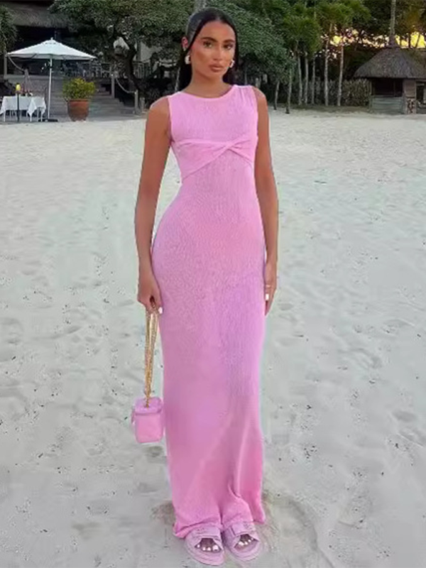 Sleeveless tight round neck knitted solid color beach long dress - Pink / S
