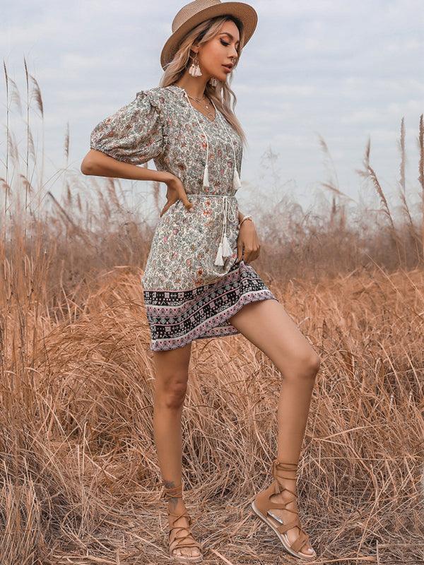 Slim Fit Fringed V-Neck Tie Floral Dress - Closther