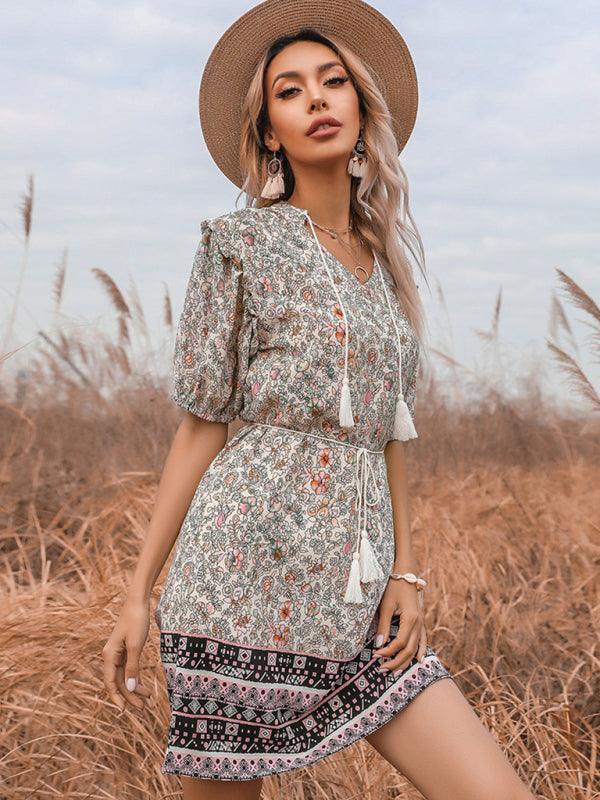 Slim Fit Fringed V-Neck Tie Floral Dress - Closther