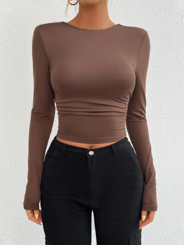 Brown long-sleeved crop top from the Slim Fit Open Back Crew Neck Knit Long Sleeve Top collection