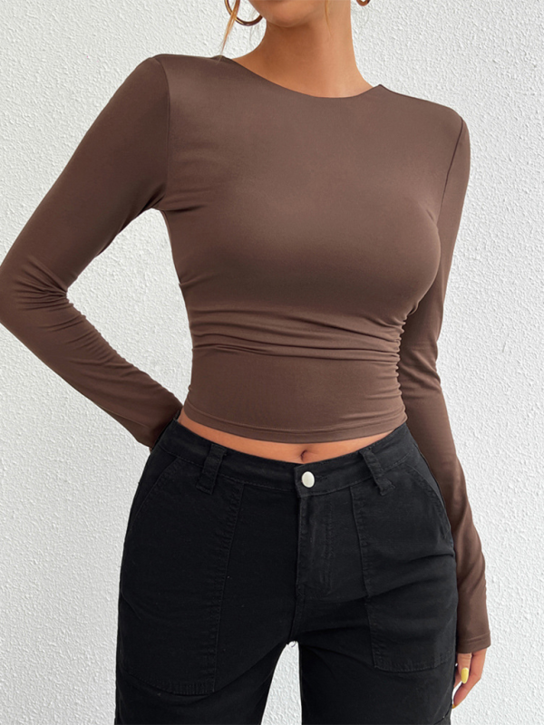 Brown long-sleeved crop top from Slim Fit Open Back Crew Neck Knit collection