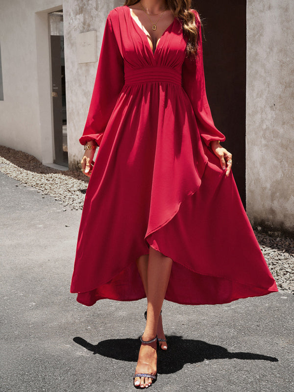 Slim waist V-neck sexy dress with big swing - Closther