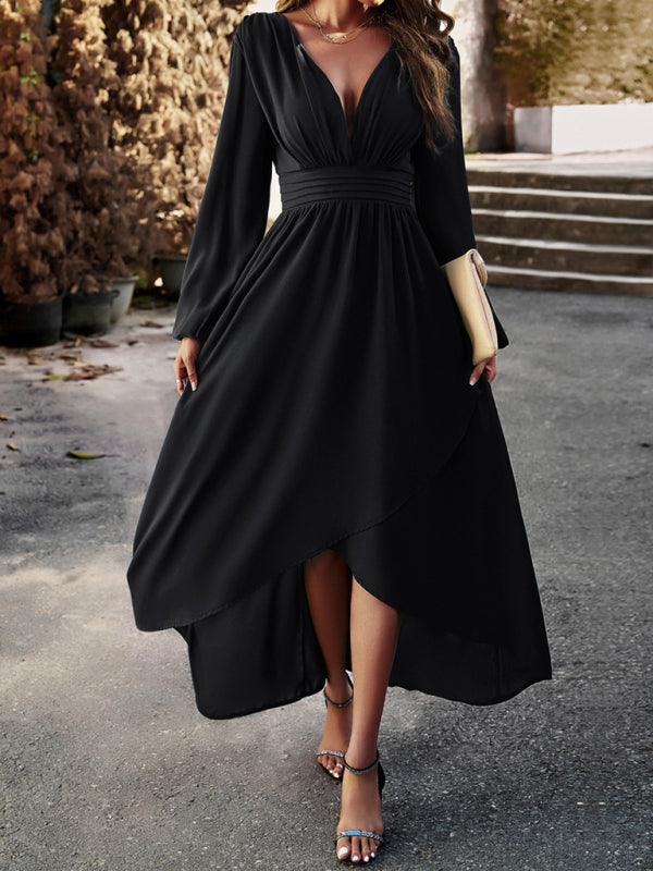 Slim waist V-neck sexy dress with big swing - Closther