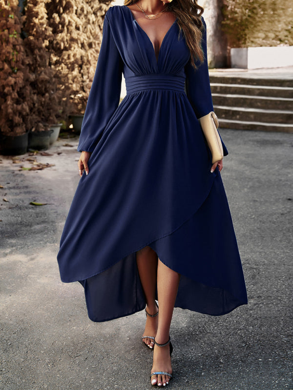 Slim waist V-neck sexy dress with big swing - Closther