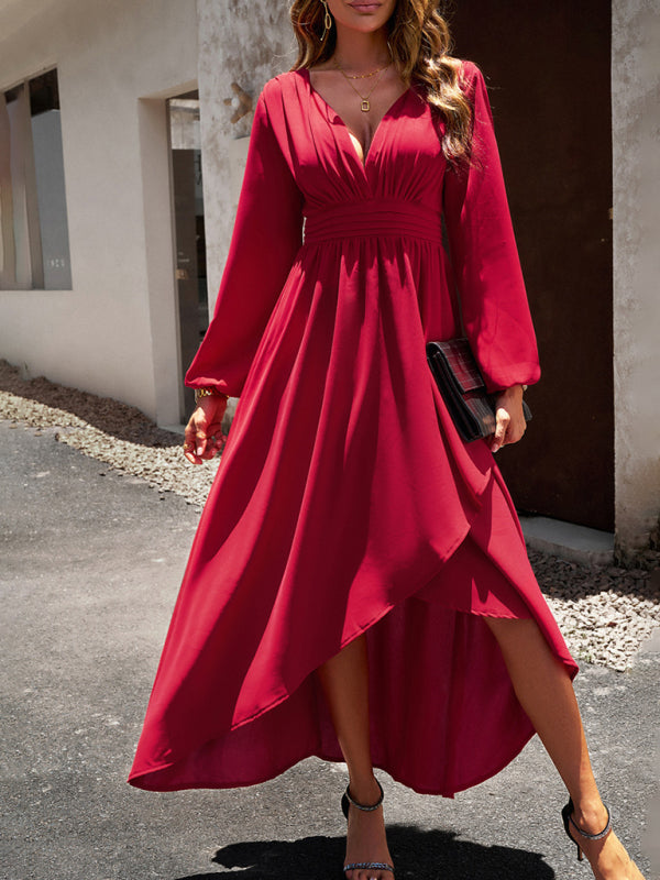 Slim waist V-neck sexy dress with big swing - Closther
