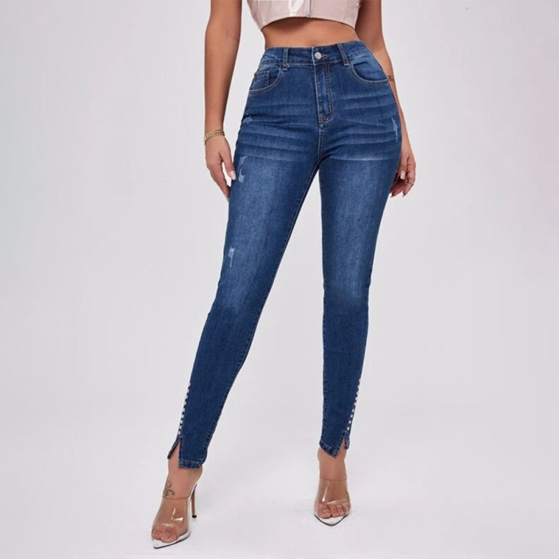 Slit Beaded Stitching Slim High Waist Stretch Jeans Women’s Trousers - Purplish blue navy / S