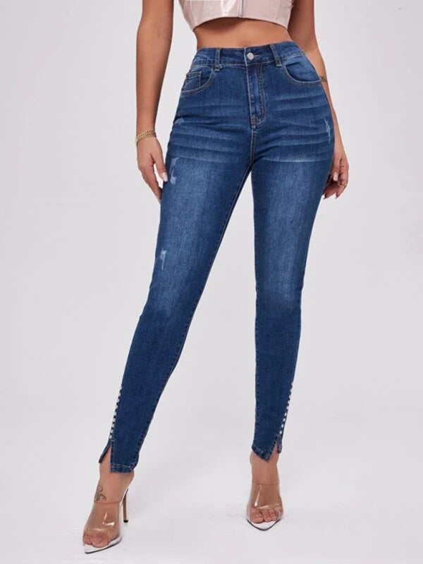 Slit Beaded Stitching Slim High Waist Stretch Jeans Women’s Trousers