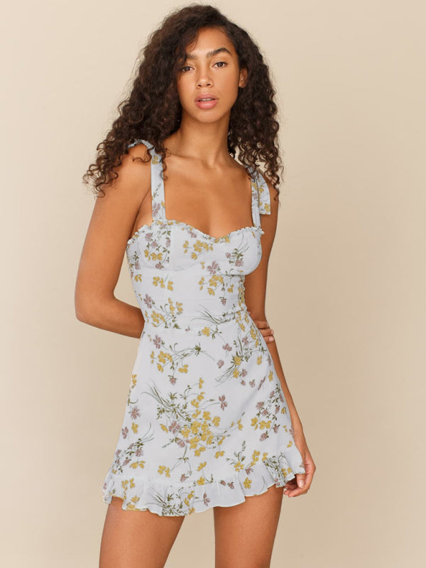 Small fresh floral print slim-fit wooden ear tie dress - Cream / S