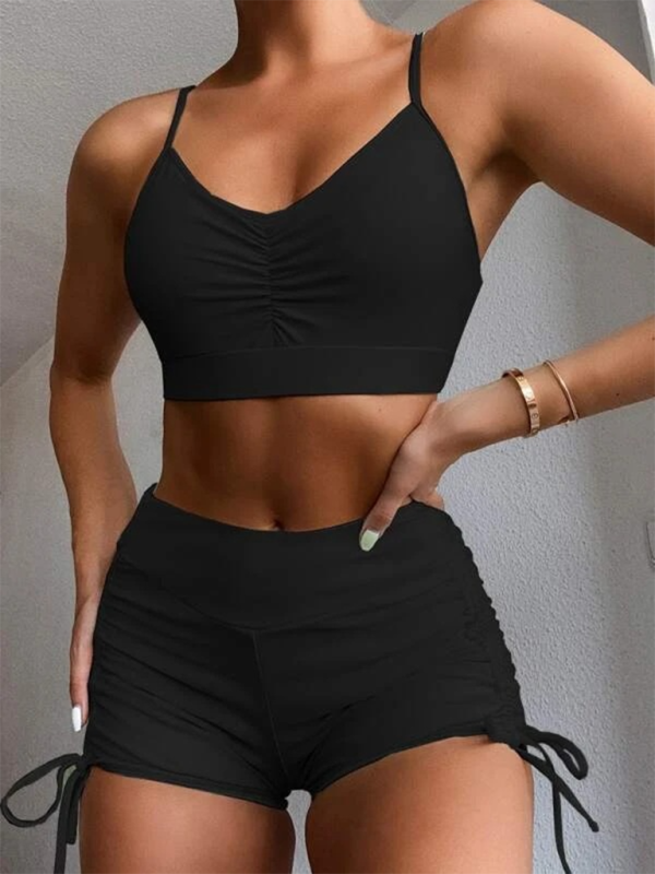 Solid color bikini sexy small chest gathered high waist cover belly split swimsuit - Black / S