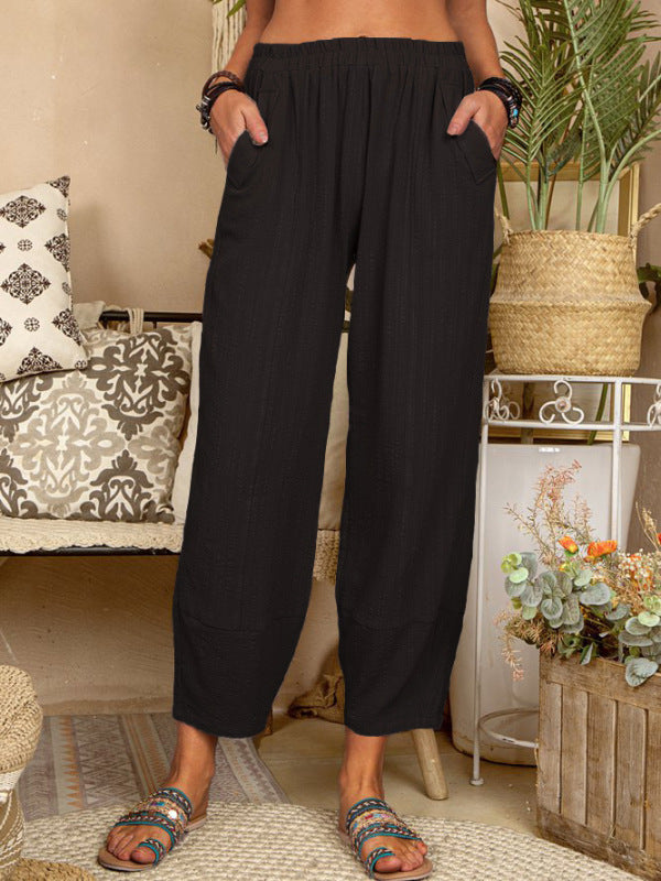 Solid Color Loose Cotton Linen Casual Pants Home Harem Pants - Black / S