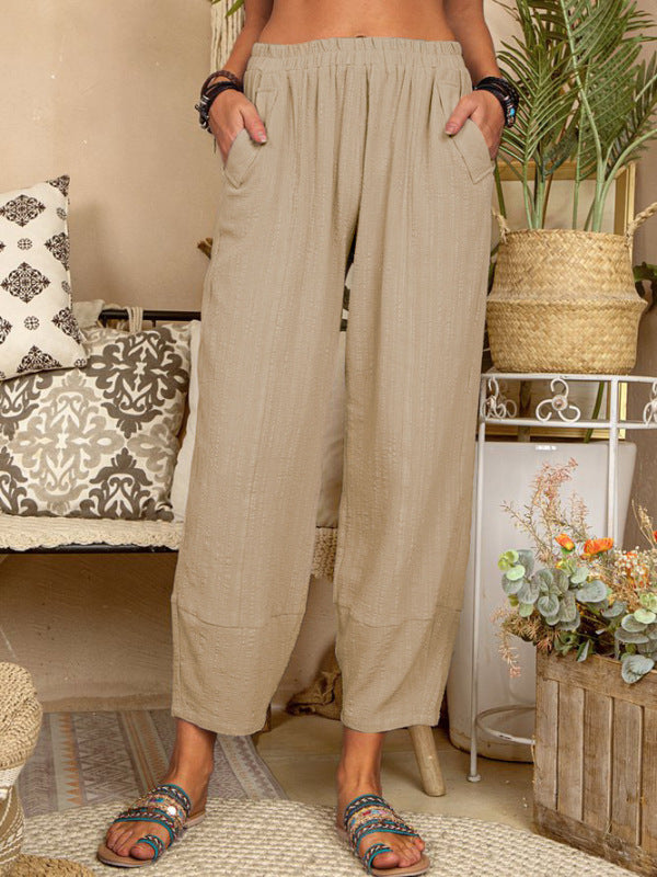 Solid Color Loose Cotton Linen Casual Pants Home Harem Pants - Khaki / S