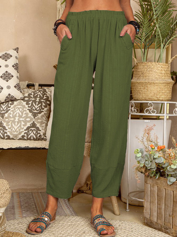 Solid Color Loose Cotton Linen Casual Pants Home Harem Pants - Olive green / S