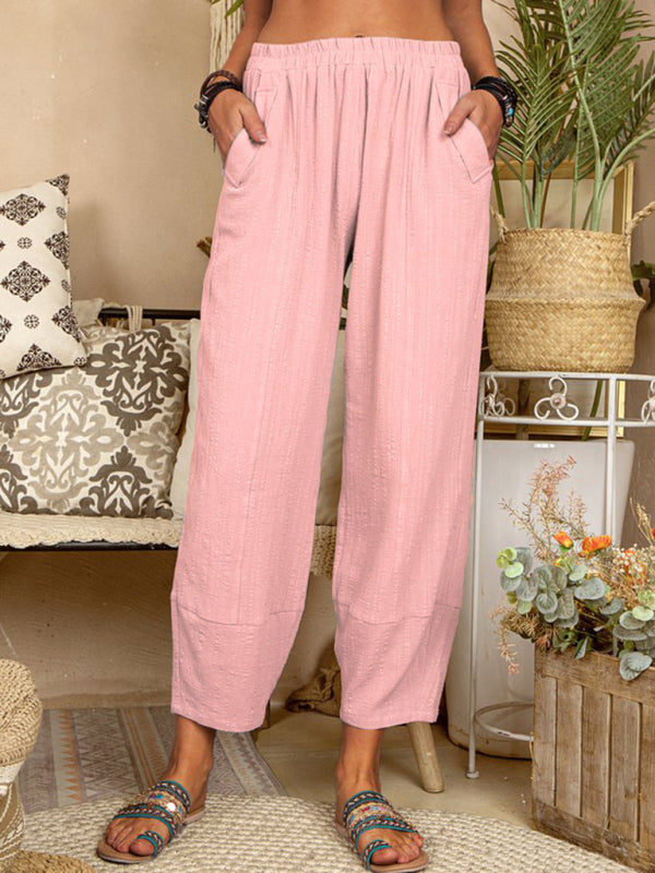 Solid Color Loose Cotton Linen Casual Pants Home Harem Pants - Pink / S