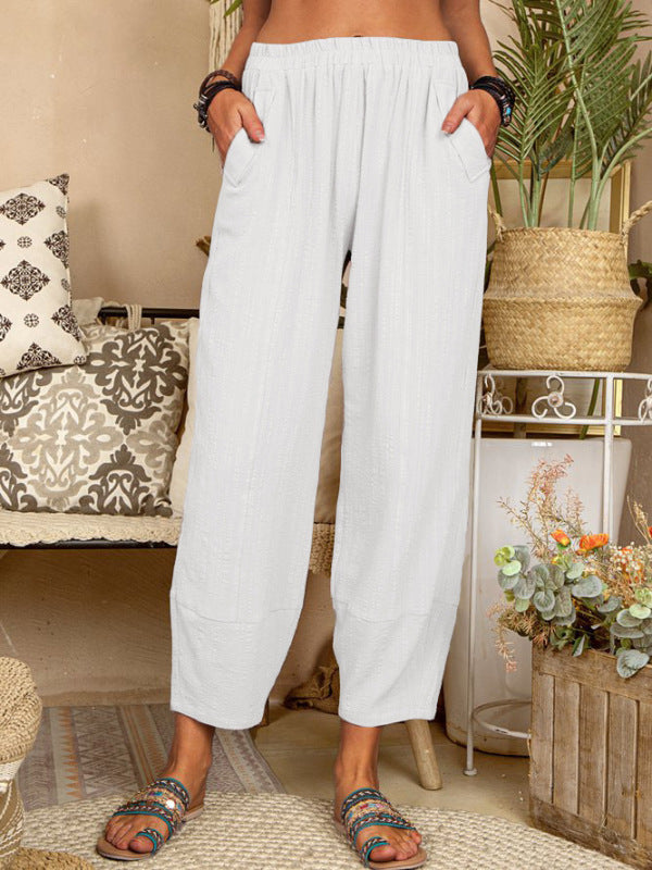 Solid Color Loose Cotton Linen Casual Pants Home Harem Pants - White / S