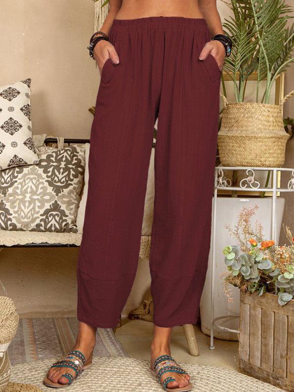 Solid Color Loose Cotton Linen Casual Pants Home Harem Pants - Wine Red / S