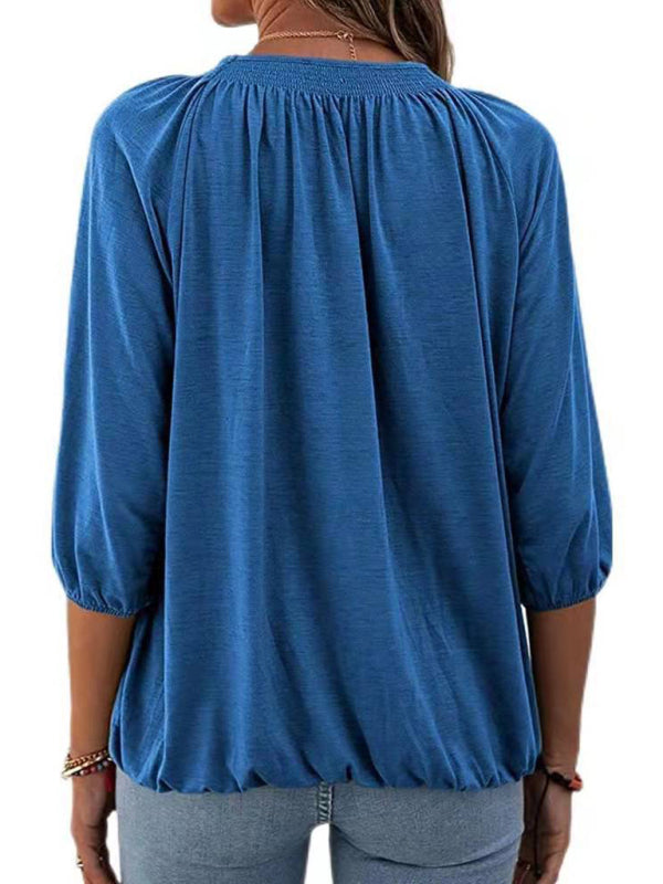 Solid Color Loose Round Neck 3/4 Sleeves Ladies T-Shirt
