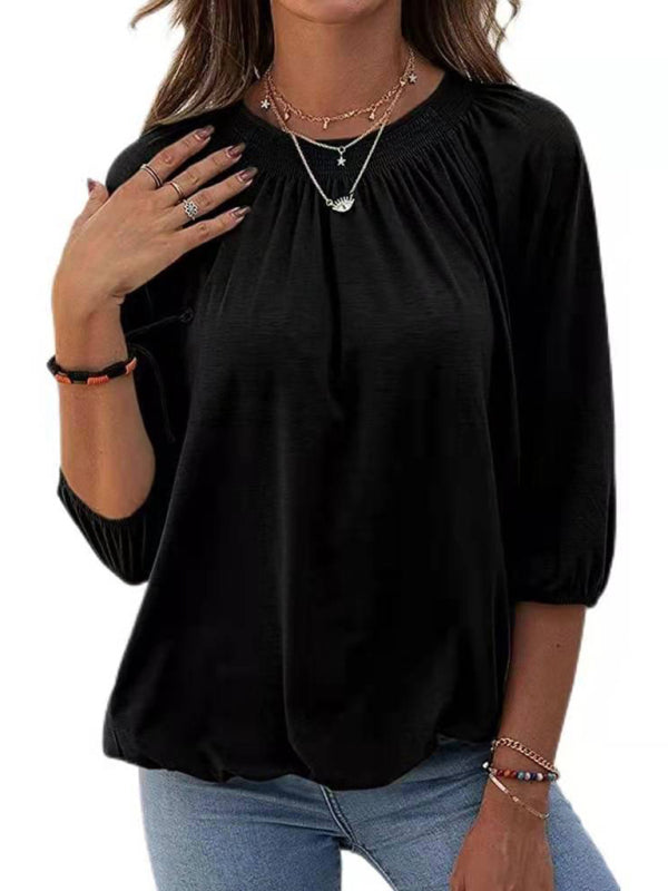 Solid Color Loose Round Neck 3/4 Sleeves Ladies T-Shirt