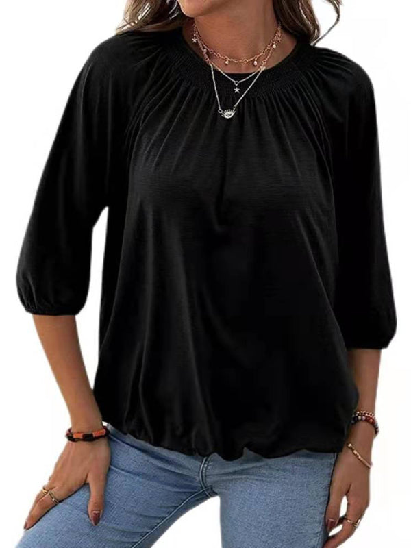 Solid Color Loose Round Neck 3/4 Sleeves Ladies T-Shirt - Black / S