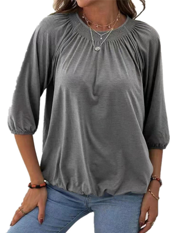 Solid Color Loose Round Neck 3/4 Sleeves Ladies T-Shirt - Grey / S