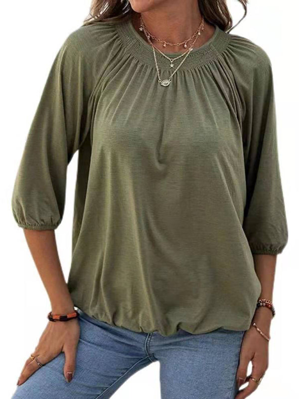 Solid Color Loose Round Neck 3/4 Sleeves Ladies T-Shirt - Olive green / S