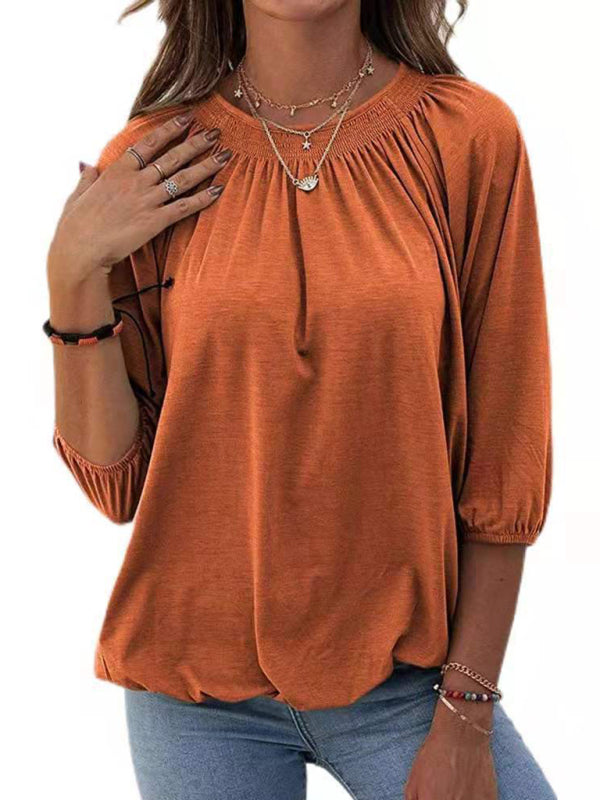 Solid Color Loose Round Neck 3/4 Sleeves Ladies T-Shirt - Orange / S
