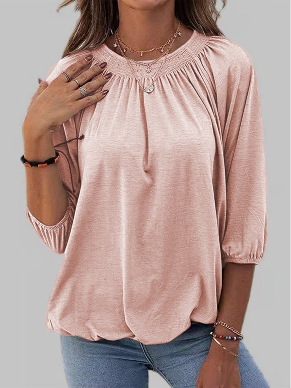 Solid Color Loose Round Neck 3/4 Sleeves Ladies T-Shirt - Pink / S