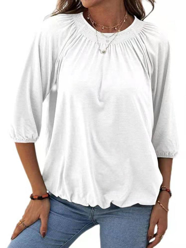 Solid Color Loose Round Neck 3/4 Sleeves Ladies T-Shirt - White / S