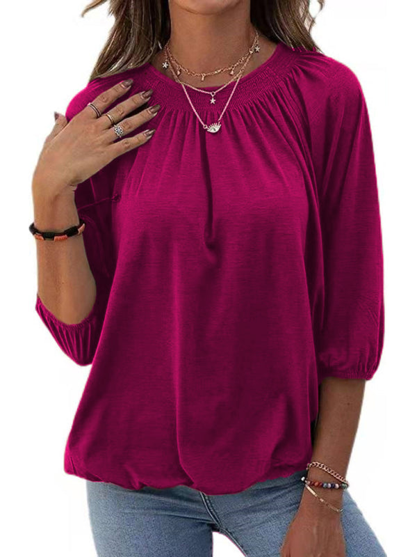 Solid Color Loose Round Neck 3/4 Sleeves Ladies T-Shirt - Wine Red / S