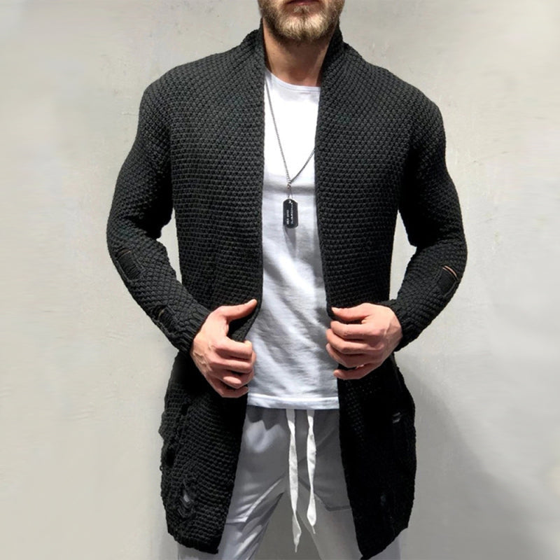 Solid Color Mid-Length Loose Cardigan Knitted Jacket - Black / S
