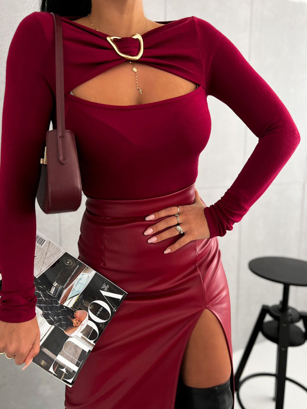Solid color simple slim sexy hollow long sleeve knitted T-shirt - Red / S