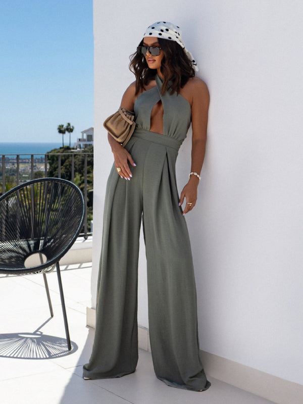 Olive green sleeveless off-shoulder halter neck waist jumpsuit for women