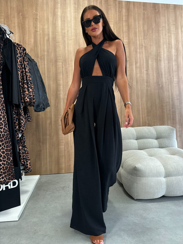 Black halter-neck sleeveless off-shoulder waist jumpsuit for elegant evening wear