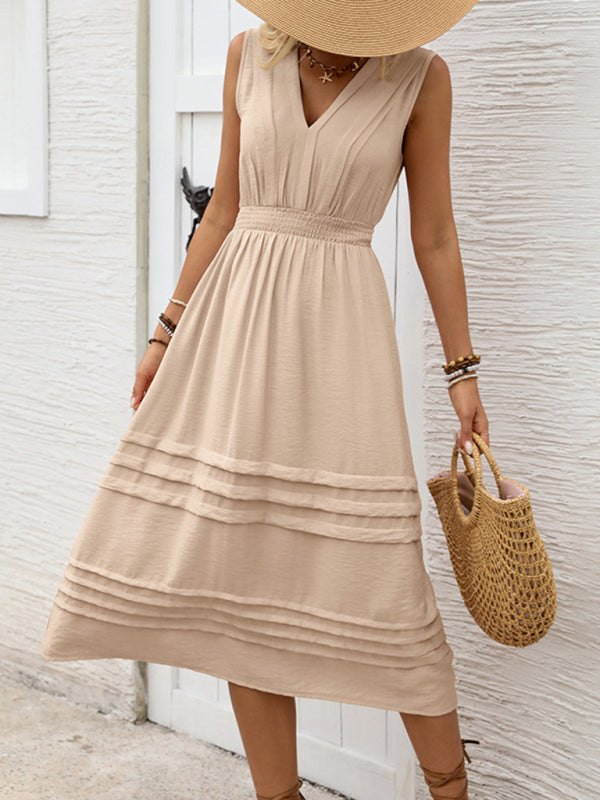 Beige sleeveless V-neck elastic waist midi dress displayed as product image