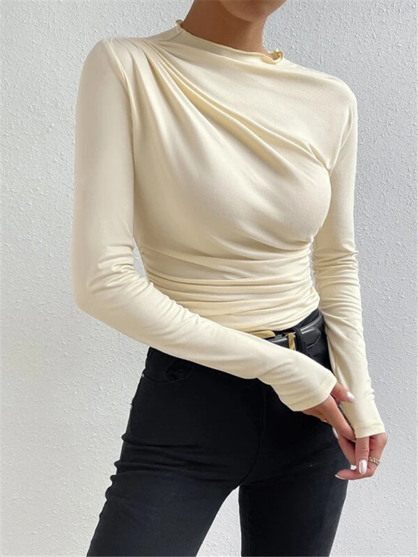 Solid color slim fit versatile ruffled design long-sleeved T-shirt women’s top - Cracker khaki / S