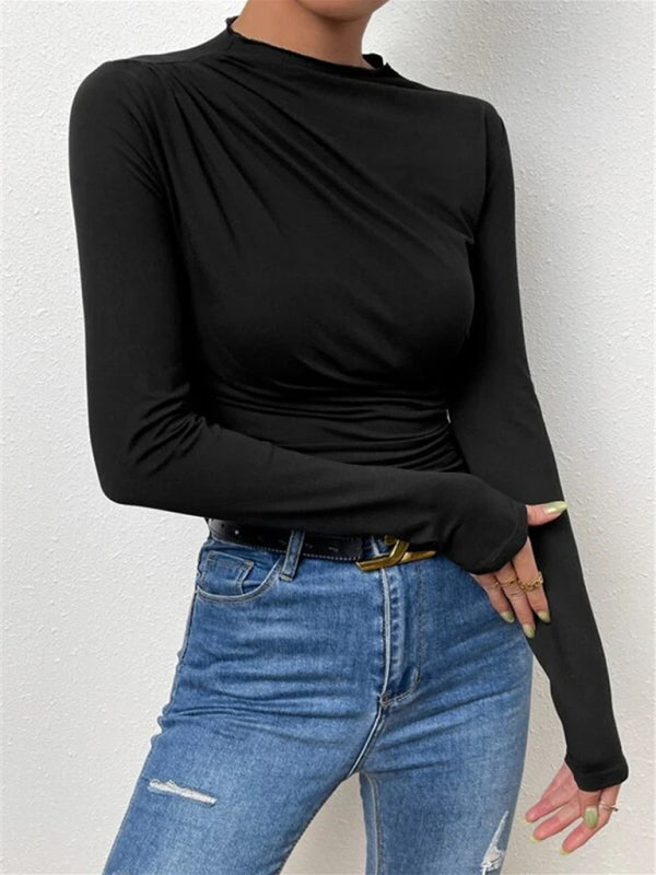 Solid color slim fit versatile ruffled design long-sleeved T-shirt women’s top