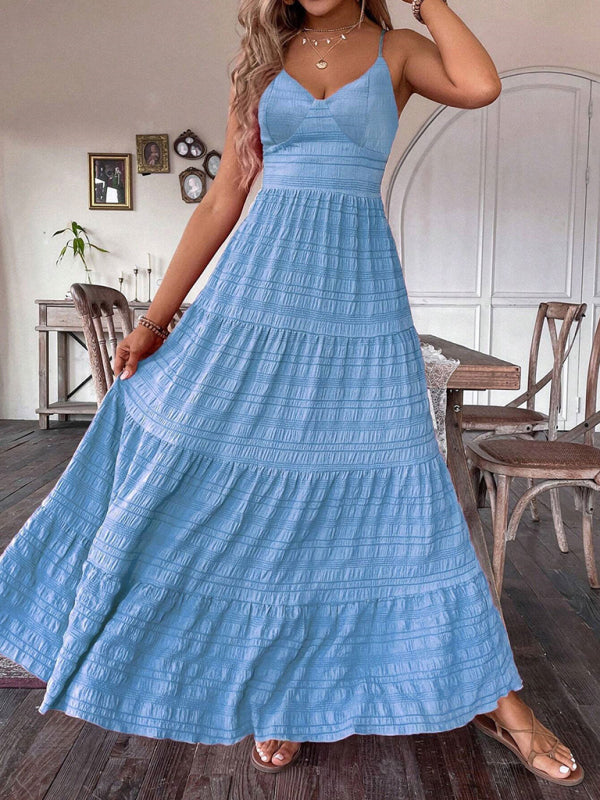 Light blue tiered maxi dress from Solid color suspender long swing dress collection