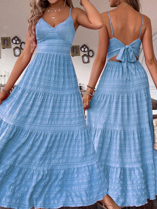 Light blue tiered maxi dress from Solid Color Suspender Long Swing Dress collection