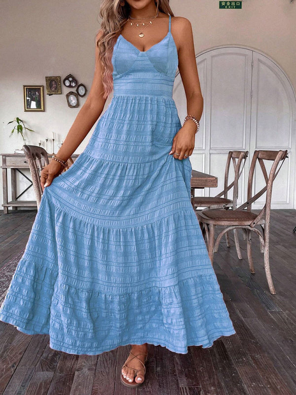 Light blue tiered maxi dress from the Solid Color Suspender Long Swing Dress collection