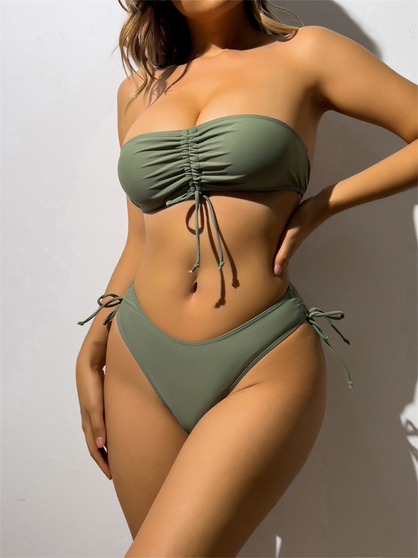 Solid color triangle bikini sexy tube top drawstring strap bikini - Olive green / S