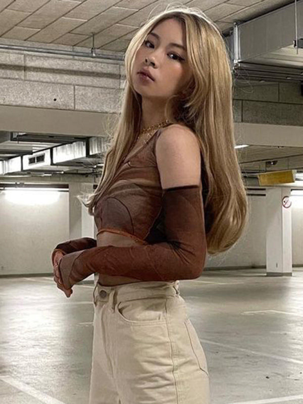 Stylish brown mesh top with matching arm sleeves from Spice Girls Short Vintage Collection