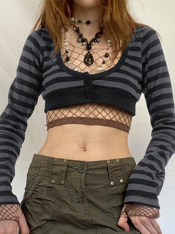Spice striped long sleeve blouse clashing buttons U-neck do-over short top - Stripes - Short / S